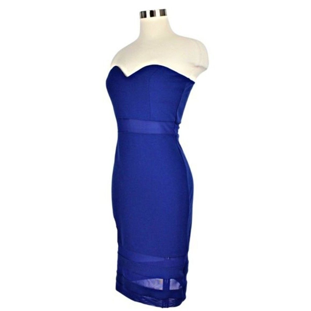 Sleek Bodycon Cocktail Dress Mesh Illusion Waist & Hem Strapless Royal Blue Med - Picture 4 of 7